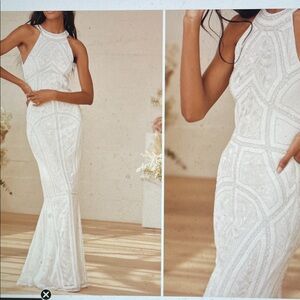 Lulus White Beaded Halter Mermaid Evening gown/dress